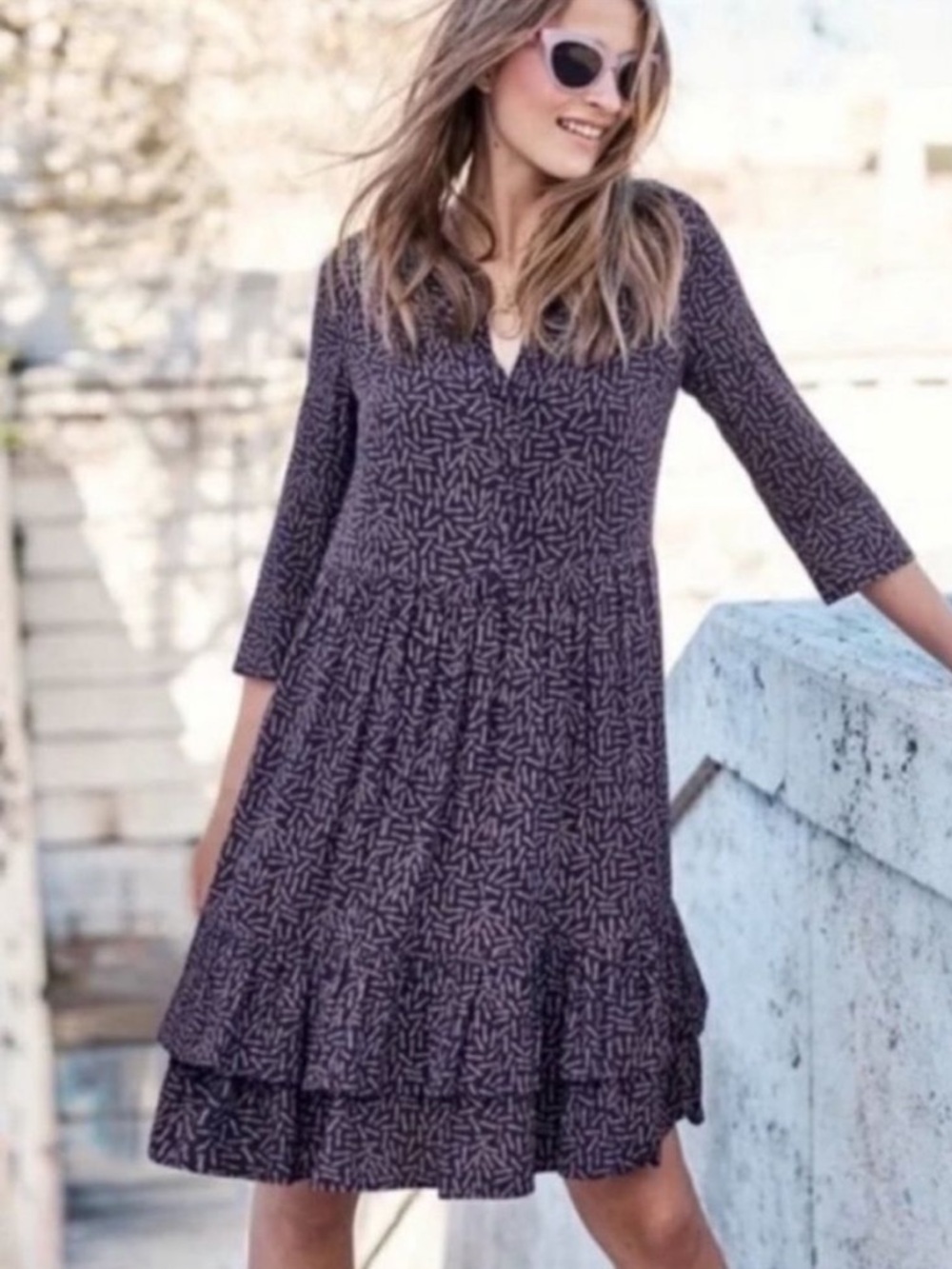 Boden Navy Printed Tiered 3/4-Sleeve Dress